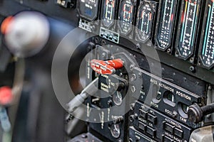 Details of control panel in military helicopter cockpit