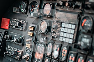 Details of control panel in military helicopter cockpit