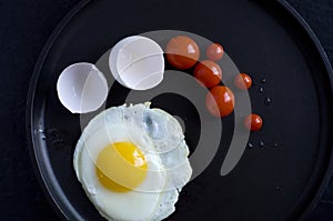 Details of Cooked Egg and Tomatoes in Black Skillet