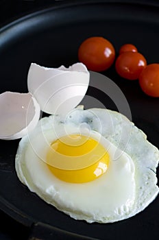 Details of Cooked Egg and Tomatoes in Black Skillet