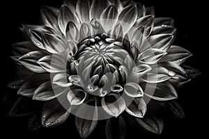 Details of dahlia flower macro photography, black and white photo emphasizing texture, high contrast and intricate floral patterns