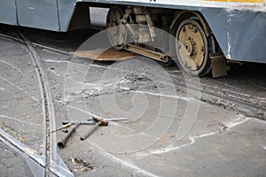 Details of a derailed tram photo
