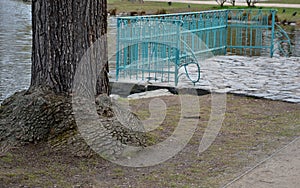 Details of the edge of the pond with paved banks flat stones. curved shape. the path is lined with weeping willows and the sluice