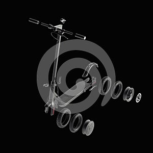 Details of Electric scooter isolated on black background. eco alternative transport concept. 3d rendering.