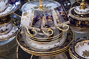 Details of elegant blue tableware cups