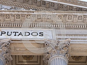 Details of the entrance of the national parliament building in Madrid, Spain.