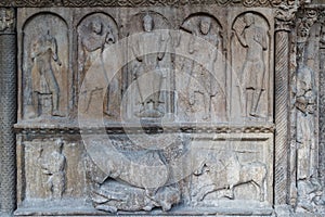Details of the entrance portal of the medieval church in Ripoll