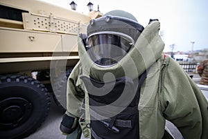 Details of a EOD Explosive Ordnance Disposal military protective costume
