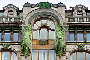 Details of the facade of the Zinger house on Nevsky Prospekt in St. Petersburg