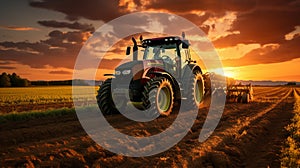 Details of farmer working in the fields with tractor on a sunset background. Agriculture industry details Generative AI