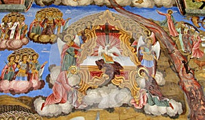 Details of a fresco and Orthodox icon painting in Rila Monastery church in Bulgaria