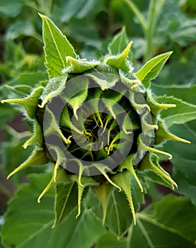 Details of a green Sunflower Bud on meadow. Details of Sunflower Blossom.