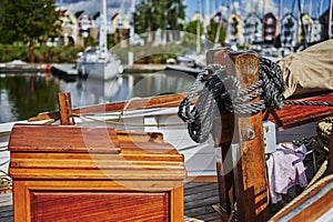 Details of a historic sailing boat anchored in the port of the hanseatic city of Greifswald