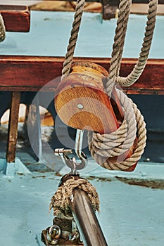 Details of a historic sailing boat anchored in the port of the hanseatic city of Greifswald