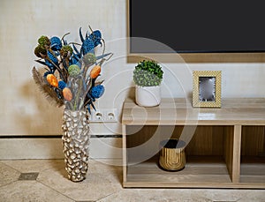 Details of home decor. Modern interior. Decorative vase. Wooden tv stand. Green flower. Photo frame.