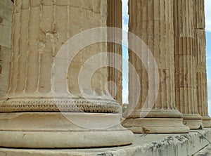 Details of huge Ionic column bases of The Erechtheion, ancient temple on the Acropolis of Athens