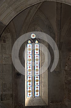 Details from the interior room of the Corvins Castle, stained glass.