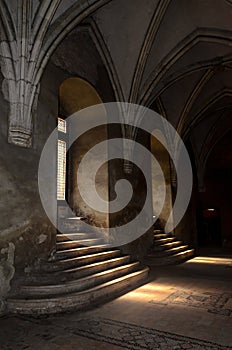 Details from the interior room of the Corvins Castle, windows stained glass.