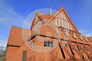 Details of Kiruna Church in Summer with blue Sky, Northern Sweden