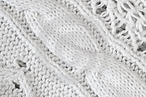 Details of knitted woolen fabric. White textile background. Woolen Texture Background, Knitted Wool Fabric, Hairy Fluffy Textile,