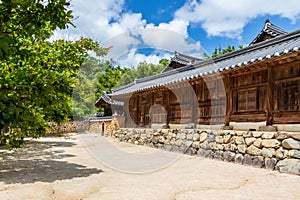 Details of korean traditional style building facade in the Yangdong Folk Village in a typical country side landscape. Gyeongju,