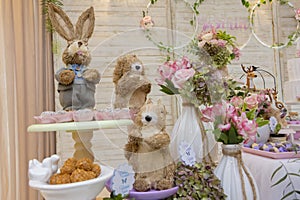 Details of luxurious table of sweets and birthday cake