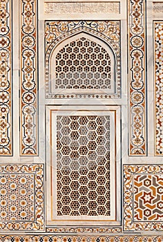 Details of marble surface with stone inlay in Itimad-Ud-Daulah tomb in Agra, India