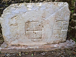 Details of Mayan scenes engraved in stone. Aarcheological site, Xunantunich, Belize