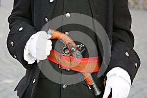 Details of military apparel used for the changing of the guards in Union Square Timisoara a theatrical reenactment of a historical