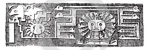 Details of the monolithic gate of Tiahuanaco, Peru, vintage engraving