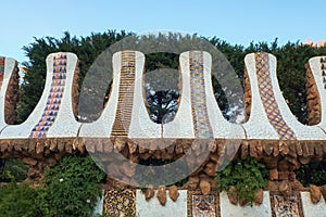 Details of mosaic on border of terrace in the Park Guell