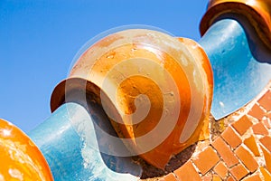 Details of mosaic turrets on Gaudi Casa Batllo roof