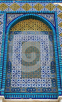 Details and mosaics of The Dome of The Rock in the old city of Jerusalem. Muslim architecture and arts.
