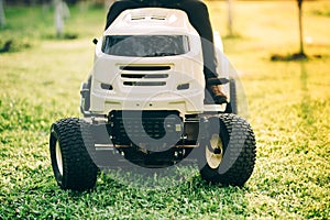 Details of new lawn tractor, industrial tools for landscaping