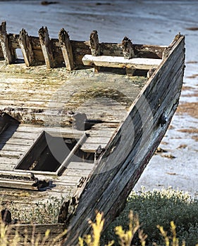 Details of an old abandoned fishing boat in low tide in Conquet, Brittany, France