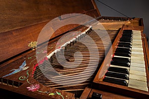 Details of an old baroque clavichord strings keyboard