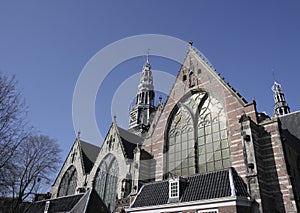 Details of the Old Church with Blue Sky Background in Amsterdam
