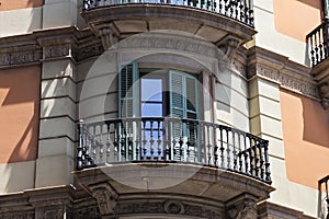 Details of the one of old buildings in modern style in the historical center of Barcelona in sunny day. Spain