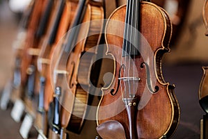 Details with parts of violins before a symphonic classical concert photo