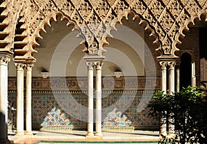 Details of the Patio de las Doncellas in the Real Alcazar Royal Alcazars in Seville, Spain.