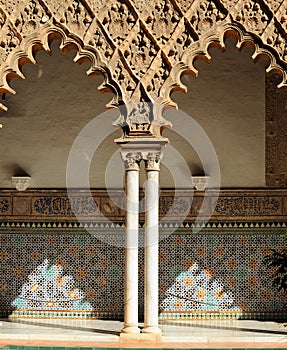 Details of the Patio de las Doncellas in the Real Alcazar Royal Alcazars in Seville, Spain.