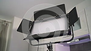 Details of photo studio equipment, professional photographer lighting. Action. Close up of turned off led light panel