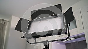 Details of photo studio equipment, professional photographer lighting. Action. Close up of turned off led light panel