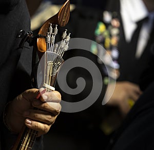 Details from a Portuguese guitar musician of an Academic Tuna, Braga, Portugal.