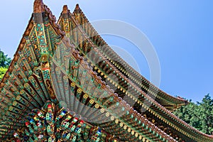 Details of the roof of Great Teacher Hall, Daejosajeon, of Korean Buddhist Temple Komplex Guinsa on a clear day. Guinsa, Danyan