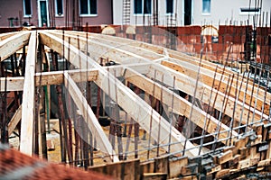 Details of roof system on monastery dome. Construction site, industrial wooden roof systems