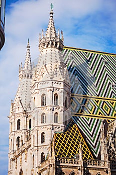 Details from the roof and tower of the Stephansdom - St Stephans`s church. Vienna, Austria