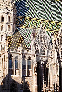 Details from the roof and tower of the Stephansdom - St Stephans`s church. Vienna, Austria