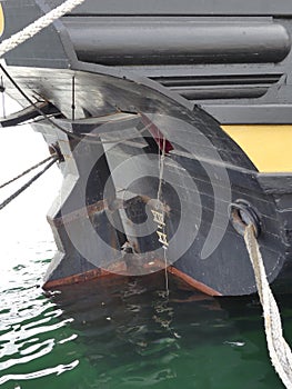 Details of rudder arrangements on board vintage wooden sailing ship