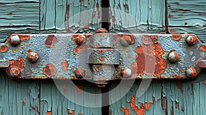 Details of rusted metal hinges and chipped paint on a vintage door showcasing the worn beauty of an antique farmhouse. A